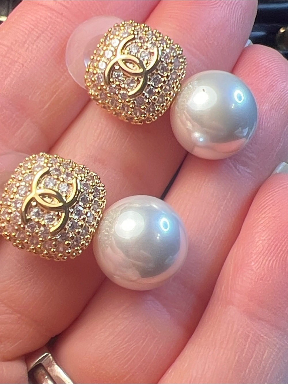 Gold Crystal White Pearl Double-Sided Stud Earrings